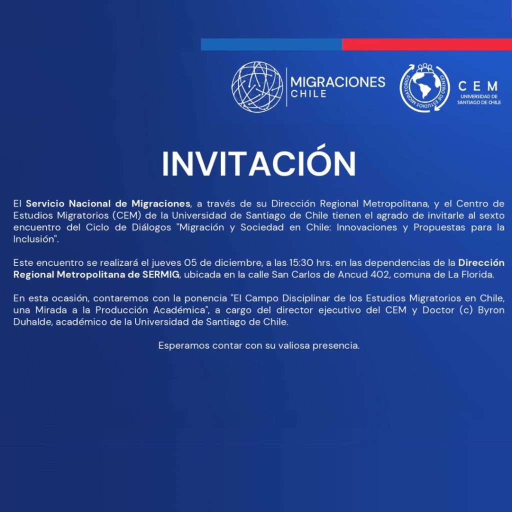 Dic · Ciclo de diálogos SERMIG ·   · Migración y Sociedad en Chile ·  Innovaciones y propuestas para la Inclusión ·