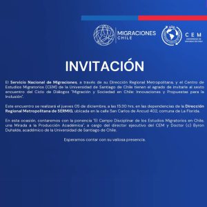 Dic · Ciclo de diálogos SERMIG ·   · Migración y Sociedad en Chile ·  Innovaciones y propuestas para la Inclusión ·